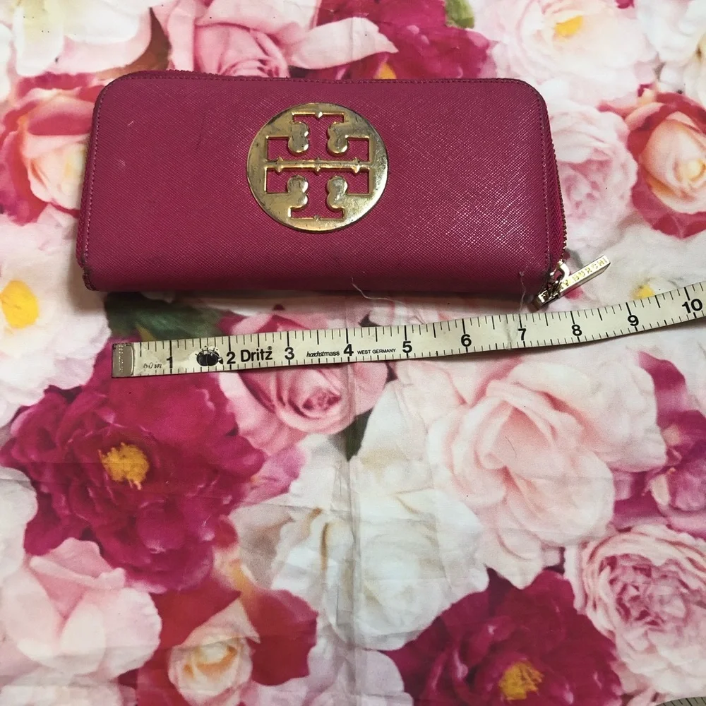 Tory Burch Pink Zip-Around Wallet with Gold Logo
